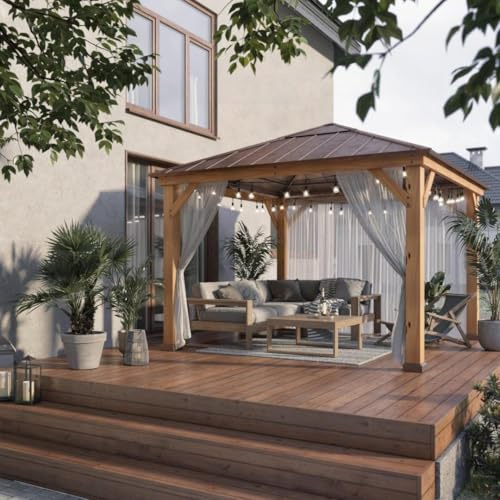 SUNJOY 3,36x3,36 m Holzpavillon mit lichtdurchlässigem Dachfenster, Pavillon Holz wasserdicht stabil Winterfest, Hardtop Stahldach, 14 cm Pfosten, Gartenpavillon für Terrasse & Deck