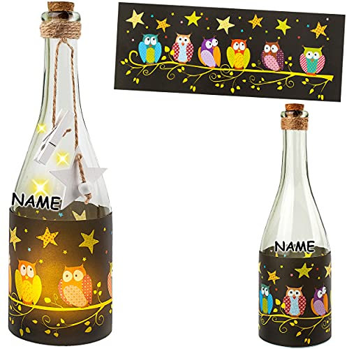 alles-meine.de GmbH Glas - Lichterflasche Motiv frei wählbar 6 Stück LED lustige Eulen & Sterne inkl. Name - Timer Funkiton - LICHT Dekoflasche/Flasche - 28 cm - Batter..