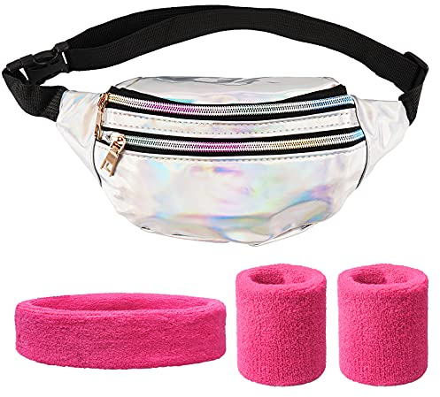 BETESSIN 80er Jahre Damen Outfit Set - inkl. Schillernde Silber Bauchtasche und Neon-Pinke Schweißbänder - Kostüm Accessoires für 1980er Mottoparty, Neon Party, Karneval, Fasching, Fastnacht UVM.