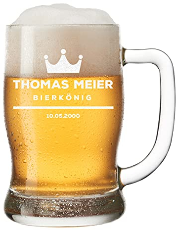 Bierkrug mit Wunschmotiv graviert - Bierseidel 500 ml für Biertrinker - Bierkrug personalisiert mit Namen - Männergeschenk zum Geburtstag, Weihnachten oder Jubiläum - Motiv Bierkönig