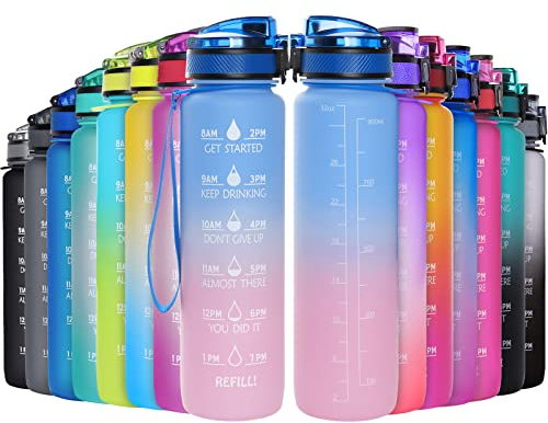 GeeRic Bottiglia Acqua 1 Litro, 1000ML Borraccia Sportiva Portatile Bottiglia Sportiva Scala/Cannuccia/Indicatore di Tempo Prova di Perdite Borraccia Bici 1L per Palestra,Sport,Ciclismo Diaspro/Rosa