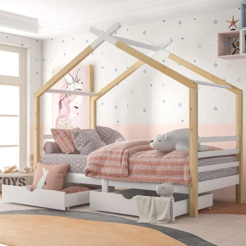 Hausbett Kinderbett mit Schubladen, Massivholz mit Lattenrost, Kiefernholz Hausbett, Kinder und Jugendzimmer, weiß+holzfarbe, 90x200cm