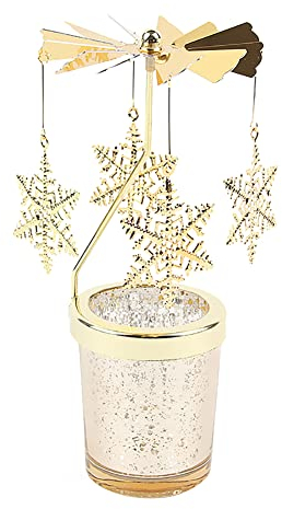 Schneeflocke Karussell Kerzenhalter drehbar Teelichthalter Gold Teelicht Karussell Glas Teelichthalter Engel Schmetterling Drehbare Teelichtkarussel Metall Schneeflocke Kerzenständer, Höhe17.5cm