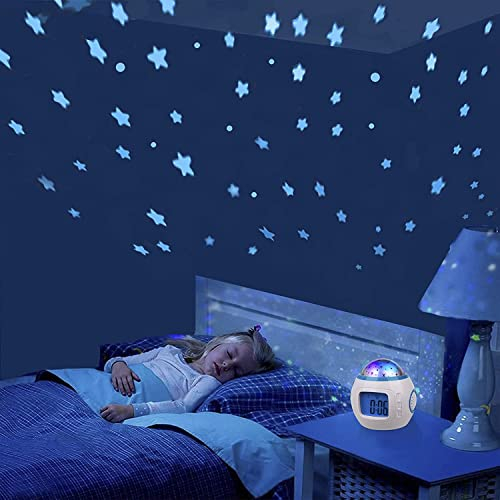 HSDSH Réveil Enfant Garçons Filles avec Projecteur d'Étoiles Musicale LED Veilleuse Lumière 7 Types de Musique Afficher Date et l'Heure Cadeaux de Anniversaire pour Garçons Filles Bébé