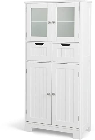 COSTWAY Armadio da Terra con 4 Ante, Mobile da Bagno con 2 Ante in Vetro 2 Cassetti e Ripiani Regolabili, Armadio Multifunzionale per Bagno e Soggiorno (Bianco, 60x30x128cm)