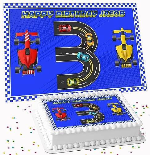 RACE CAR TRACK PERSONALISED BIRTHDAY ICING EDIBLE LARGE CAKE TOPPER DECORATION SUITABLE FOR USE ON COSTCO CAKE R2-B37