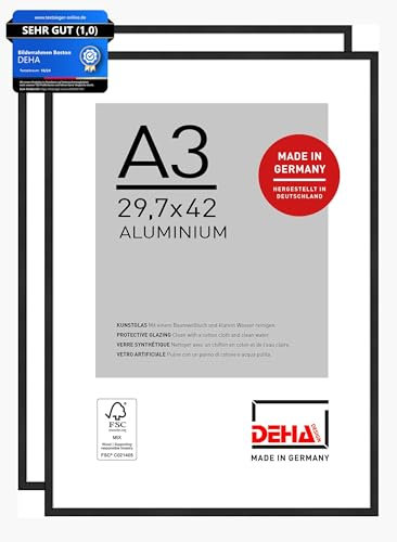 DEHA Design Bilderrahmen, 29,7 x 42 cm (A3) (2er Set), Aluminium, Schwarz matt, Posterrahmen zum Aufhängen im Hoch- & Querformat, bruchsicheres Kunstglas, Boston