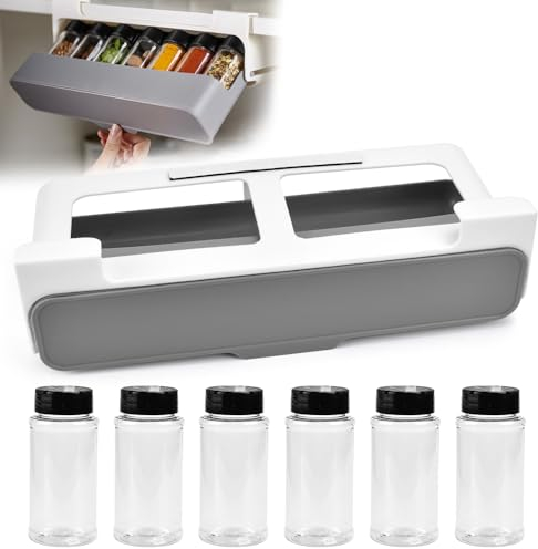 MININUSI Cassetto Portaspezie,con 6 Barattoli di Spezie,Organizzatore per Spezie,Portaspezie da Appendere,Portaspezie,Portaspezie Estensibile,Cassetto Portaspezie,Organizzatore per Spezie in Plastica