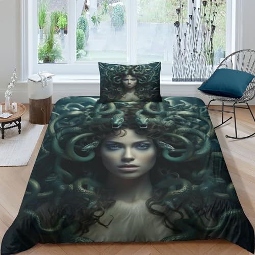 ITOMEN Medusa Bettwäschegarnitur Mädchen Junge Kinder 3D Gedruckter Griechische Mythologie Bettbezug Set Reissverschluss Bettwäsche Und Kissenbezüge Weich Microfaser 2 Teilig Single(135x200cm)