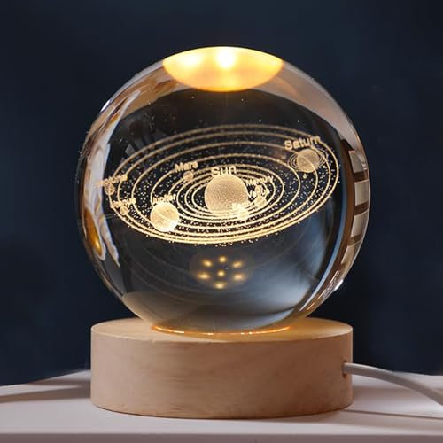 Zalaxt Bola de cristal del trébol del sistema solar 3D de 60 mm, buena idea de regalos del universo, bola de vidrio con base de iluminación de madera