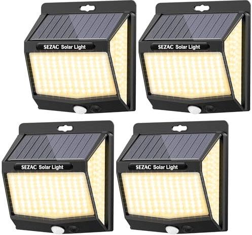 SEZAC Luce Solare Led Esterno 3500K Giallo Caldo Illuminazione a 270°Luci Solari Esterno con Sensore di Movimento, IP65 Impermeabile Lampada Solare da Esterno per Giardino, Patio e Garage