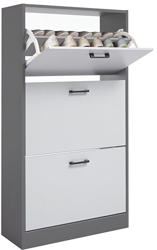 Blisswood 3 Drawer Shoe Cabinet Cupboard, Pull Down Shoe Storage Organiser Wooden Furniture Unit, 3 Tier Entryway Shoe Rack Cabinet Footwear Stand for Hallway Furniture (Silver & Dark Grey)