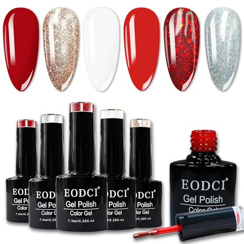Eodci Gel Nagellack,6 Farben Glitzer Rot Burgunder Weißes Gold Gel Nagellack Set Soak-Off UV Maniküre Set für Valentinstag Hochzeit Dating