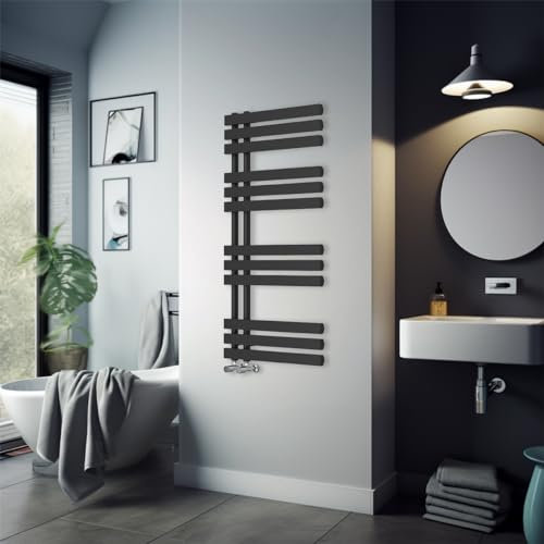 Warmehaus 1200 x 600mm Black Flat Designer Heated Towel Rail Radiator - Best for any Bathroom & Kitchen - D Shape Bars