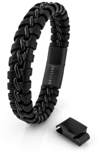 Akitsune Adeptus Lederarmband | Armschmuck Damen Herren Lederarmband mit Edelstahl-Streifen in der Mitte