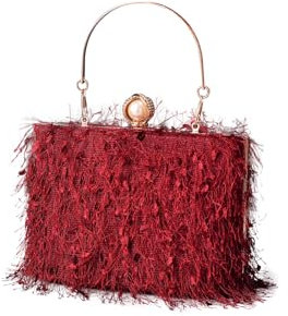 CORIOS Bolsa de Noche con Diamantes de Imitación y Perlas - Clutch de Cristal para Fiesta y Boda - Bolso Elegante de Hombro con Cadena y Borla Rojo Oscuro