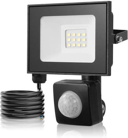 Hondony 10W LED floodlight with Motion Detector/Plug 3000K Outdoor floodlight IP66 Daylight White LED Outdoor Lights for Garden Yard