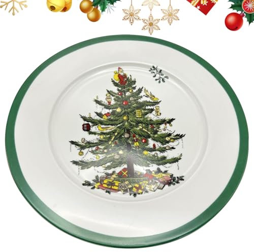 Christmas 8 Ceramic Flat Plate - Round Dinner, Dessert, Salad Plate With Tree Design for Xmas Eve - Serving Dish for Kitchen, Microwave & Dishwasher Safe