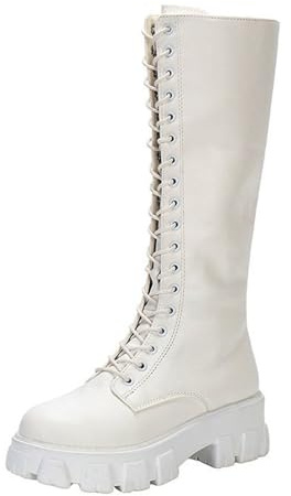 Stivali stringati da donna, da combattimento, sopra il ginocchio, con lacci, in pelle PU, combattimenti, militari, da lavoro, colore nero, taglia 35-43, bianco, 36
