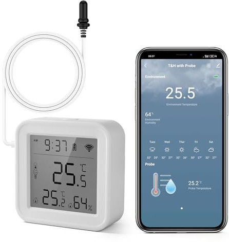 eMylo Thermometre Interieur, Smart Thermometre Frigo, App Monitor, Exportation Gratuite de Données ℉ / ℃, Hygrometre Wifi Pour Chambre de Bébé, Serre, Aquarium, Congelateur, Blanc 1 Pièce