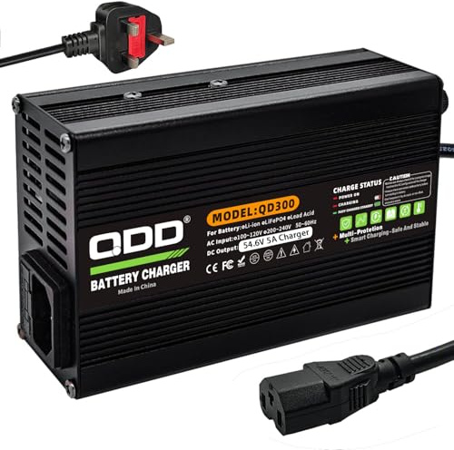 QDD 54.6V 5A / 48V 5A Battery Charger for 48V Li-ion Battery for 13S Lithium Batteries Fast Charge with 3pin C13 N+ L- Connector