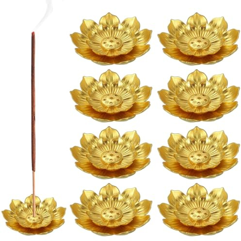 Lot de 8 porte-encens, brûleur d'encens lotus, accessoire de parfum en alliage de zinc, anti-déversement de cendres, pour bâtons d'encens, bobines, cônes, parfum d'ambiance, yoga, spa (glod)