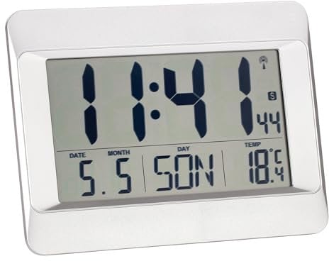 TFA Dostmann Digital Wall Clock, 60.4519, Radio-Controlled Clock with Indoor Temperature, Day of the Week (8 Languages), Date, Time Zone Setting, Plastic, (L) 215 x (W) 160 x (H) 26 (68) mm (Silver)
