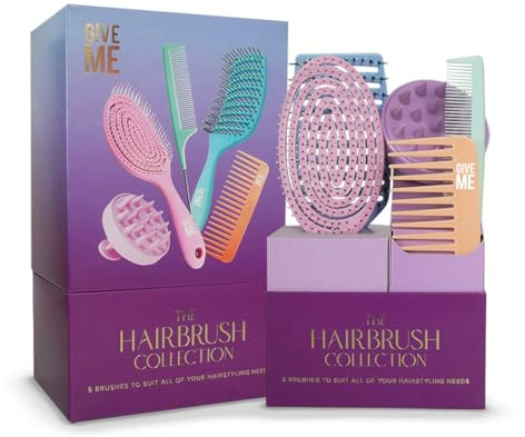 Give Me Cosmetics Hairbrush Set, Includes Flexy Paddle Brush, Heat Protective Vent Brush, Wide Tooth Comb, Pintail Comb and Exfoliating Scalp Brush
