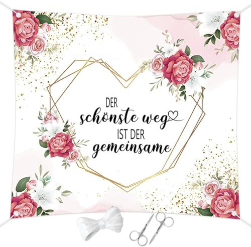 Joyesplay Hochzeitsherz zum Ausschneiden Grün Rot 200x180cm,Hochzeitsdeko mit 2 Scheren Hochzeitsspiel für Das Brautpaar Geschenk zur Hochzeit (Rosa Blumen)