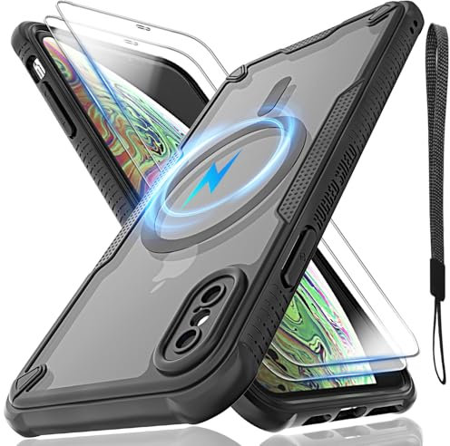 for iPhone XS Max Case, Translucent Matte Back Compatible with Magsafe Magnetic Slim Shockproof Protective Case with Lanyard Strap and 2*9H Tempered Glass Screen Protector Phone Cover 6.5-inch-Black