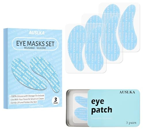 AUSLKA Reusable Under Eye Patches, Silicone Reusable Eye Masks, Washable Eye Wrinkle Patches, Silicone Eye&Face Mask for Fine Lines & Dark Circles, Storage Tin Included, 3 Pairs