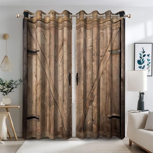 Ttincceer Rideaux de Porte de Grange en Bois Rustique Vintage Porte en Bois Impression Traitement de fenêtre de Ferme 2 Panneaux Rideaux de fenêtre occultants isolés thermiquement 107x215cm