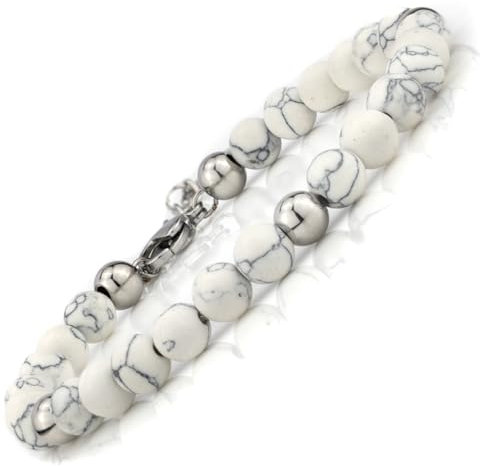 SAGA GIOIELLI Bracciale Uomo - Donna Acciaio - Unisex, Pietre Naturali 5 mm e sfere in acciao inox Lunghezza 17,5+ 3 cm - Confezione regalo (aulite bianca)