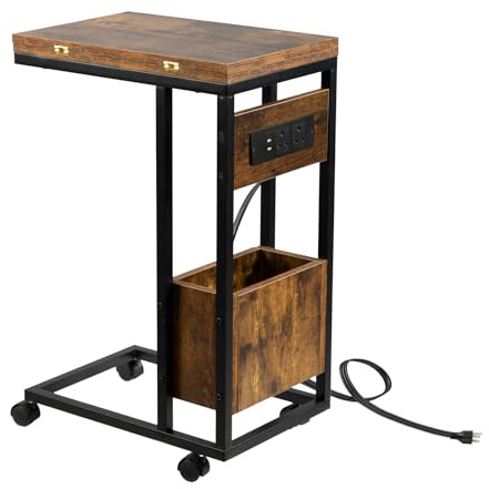 Hadulcet c shaped side table, sofa table with Charging Station & Foldable Tabletop, Laptop Table for Couch, C Table with Storage for Sofa, Living Room Bedroom Small Spaces, 70 cm High, Rustic Brown