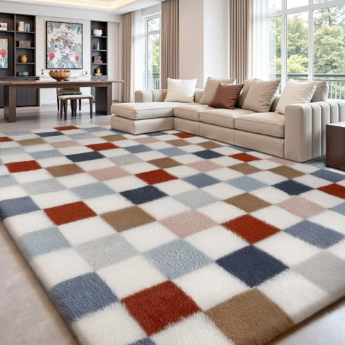 Treeboy Teppich Wohnzimmer 200x300, Mehrfarbig-Farbenfroh Karo-Teppich | extragroßer Flauschiger Shaggy-Teppiche für Schlafzimmer, weichem Plüsch, rutschfest & waschbar Für Kinderzimmer/Wohnheim