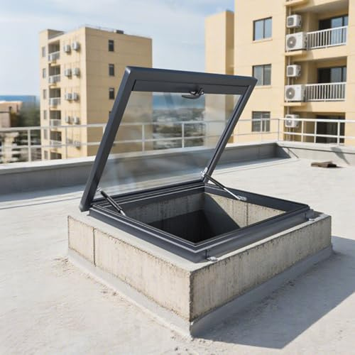 Aluminium-Flachdach-Lichtschachtfenster, Dachfenster mit Öffnung aus Aluminium, Dachboden/Wintergarten/Schuppen/Scheunen Flügelfenster, Zugangsklappe(90 * 90cm/35.4 * 35.4in)