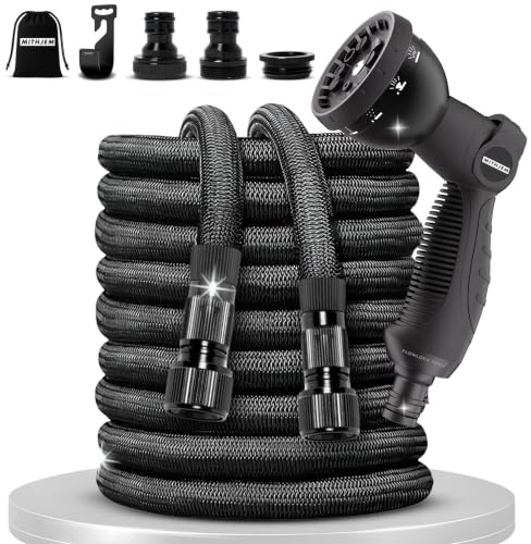 Mithjem Tuyau d'Arrosage Extensible 30 m – Polyester 3750D, Raccords Métallisés Adaptables 1/2 et 3/4, Anti-Fuite – Pistolet 10 Modes, Léger, Sac de Rangement – Grand Jardin, Terrasse, Voiture