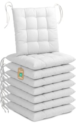Lavea® Sitzkissen 40x40 cm Weiß – 8er Set – mit Stoffbändern, Outdoor & Indoor geeignet – Bequeme und Waschbare Stuhlkissen für Garten, Balkon, Terrasse & Esszimmer