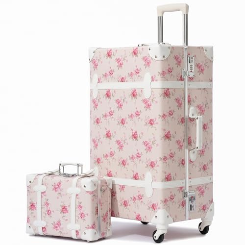 urecity Ensemble Valise Vintage Voyage avec Verrouillage Numérique Luxe Mignon Rétro Sets de Bagages Cabine, Valise 4 Roues Camélia Rose, S(12)+L(26)