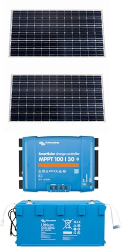 Solare Pronto Kit Fotovoltaico 12V 2 x pannello solare con caricabatteria MPPT 100/30 per Camper e Barca – Compatibile con Victron, Batteria LiFePO6 (Potenza Totale 300W)