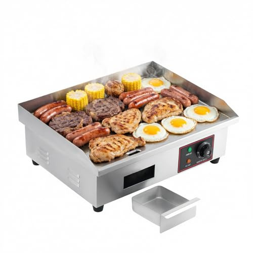 H-YEEU Piastra elettrica professionale 3 KW, griglia da tavolo multifunzione, barbecue interno in acciaio inossidabile e ghisa, 8 mm, per cucina, ristorante e caffè, 55 x 35 cm