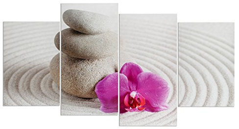 levandeo Wandbild 4 teilig 130x70cm - Sand Wellness rosa Orchidee Feng Shui Steine Steingarten - 4 Leinwandbilder im Set Bild Leinwand