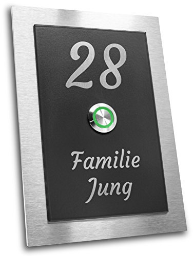Jung Edelstahl Design - Edelstahl Türklingel Dakota12 Aufputz oder Unterputz - 12 X 17 cm mit LED Drucktaster - Klingel aus V2A Edelstahl/anthrazit - Haustürklingel mit Gravur (grün)