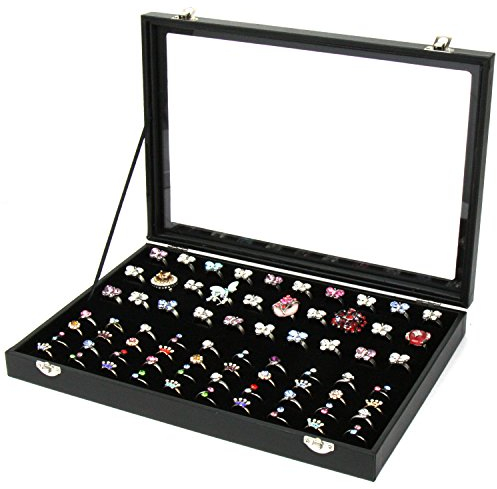 H&S Organizador Anillos y Pendientes - Joyero Guarda Joyas con Tapa Transparente y Forro de Terciopelo - Bandeja con Capacidad para 100 Anillos