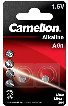 Camelion 12050201 - Alkaline Knopfzellen-Batterie ohne Quecksilber AG1/LR60/LR621/364 mit 1,5 Volt, 2er Set, Kapazität 14 mAh