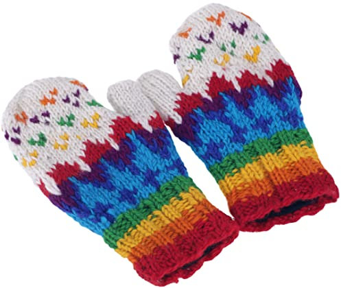 GURU SHOP Handschuhe aus Wolle, Fauster, Handgestrickte Fausthandschuhe aus Nepal - Weiß/bunt, Herren/Damen