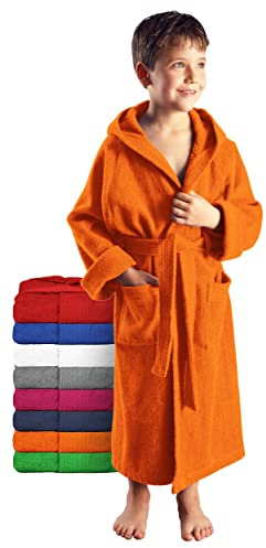 Arus Kinder-Bademantel mit Kapuze für Jungen und Mädchen, 100% Baumwolle Frottee, lang, Orange, 164