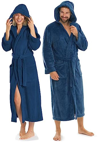 aqua-textil XS-XXXL Bademantel Kapuze Uni lang aufgesetzte Taschen Damen Herren Unisex Mikrofaser Kuschelfleece Morgenmantel, Sauna, Spa, Pool, Bad, flauschig und komfortabel - OEKO-TEX Malibu