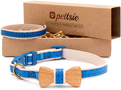 Pettsie Katzenhalsband mit Schleife & Freundschaftsarmband–Verstellbares Baumwoll-Halsband mit Sicherheitsverschluss für Katzen & Kätzchen–Geschenkset für Katzenfreunde & Tierliebhaber, 8-11'', Blau