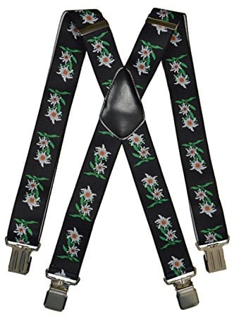 Olata Heavy Duty Herren-Hosenträger X-Form mit Edelweiß Muster – 4 cm. Schwarz
